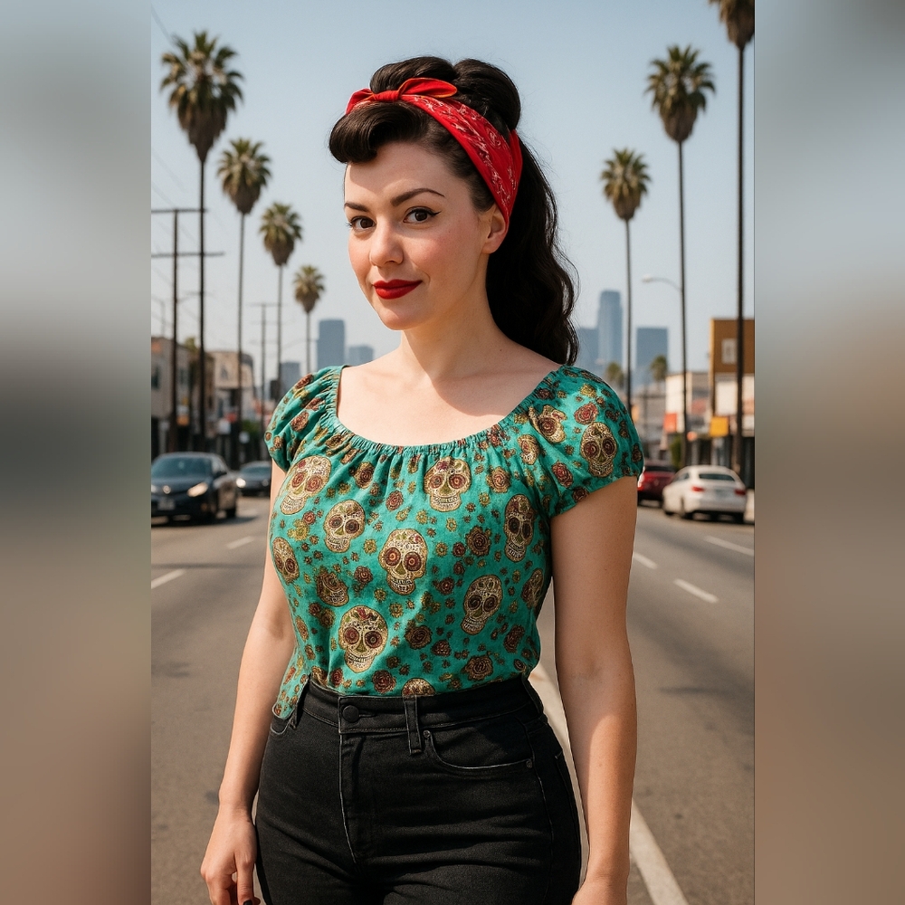 Hell Bunny Teal Sugar Skull Puff Sleeve Blouse